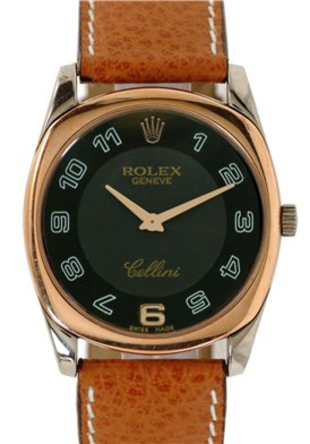 Rolex 4233 Rose & White Gold on Strap Black with White Arabic & Gold 6